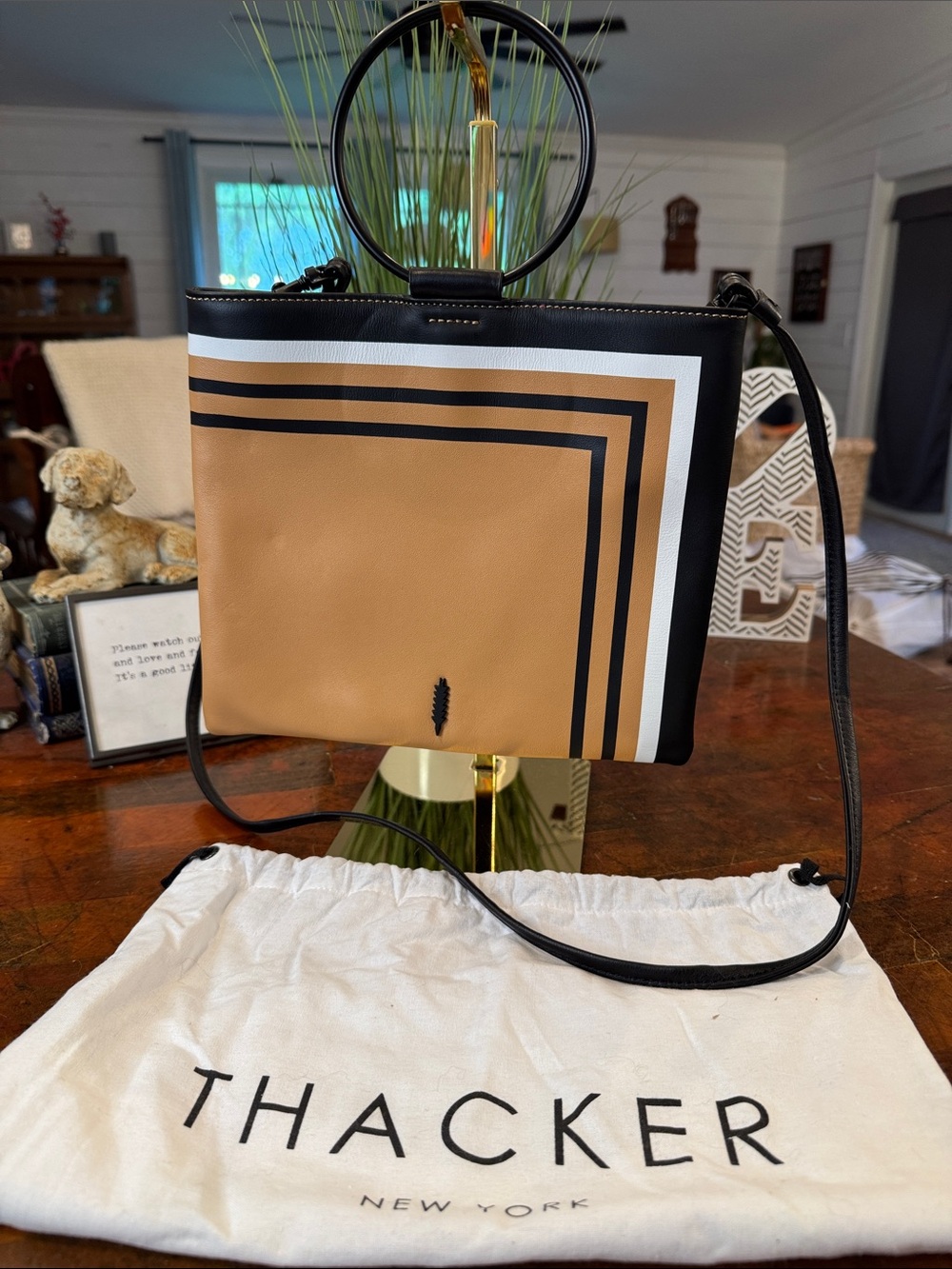 Thacker New York Tan and Black Stripe Crossbody Bag Clutch